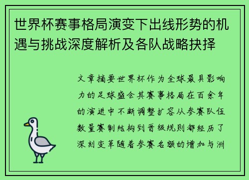 世界杯赛事格局演变下出线形势的机遇与挑战深度解析及各队战略抉择