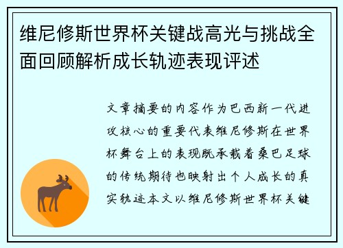 维尼修斯世界杯关键战高光与挑战全面回顾解析成长轨迹表现评述