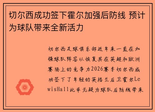 切尔西成功签下霍尔加强后防线 预计为球队带来全新活力 切尔西成功签下霍尔加强后防线 预计为球队带来全新活力